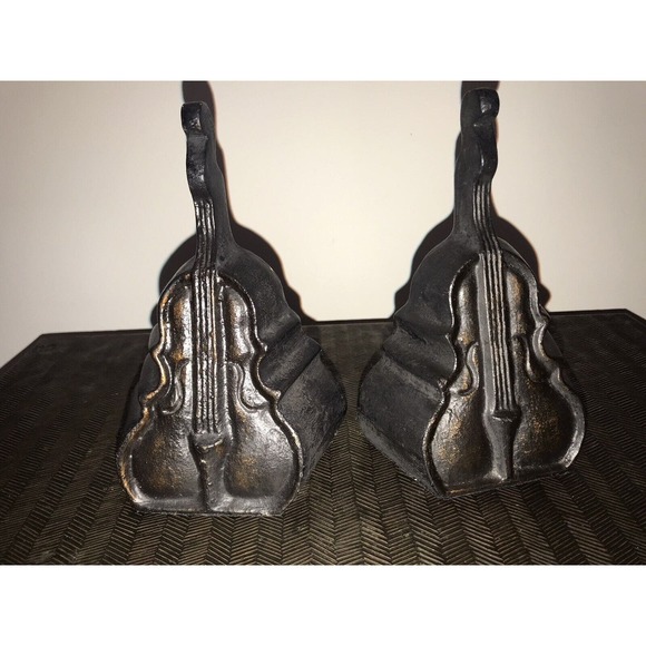 Set of 2 Heavy Bookends, Upright Bass Instrument, Decorative, Patina Finish - Picture 2 of 12